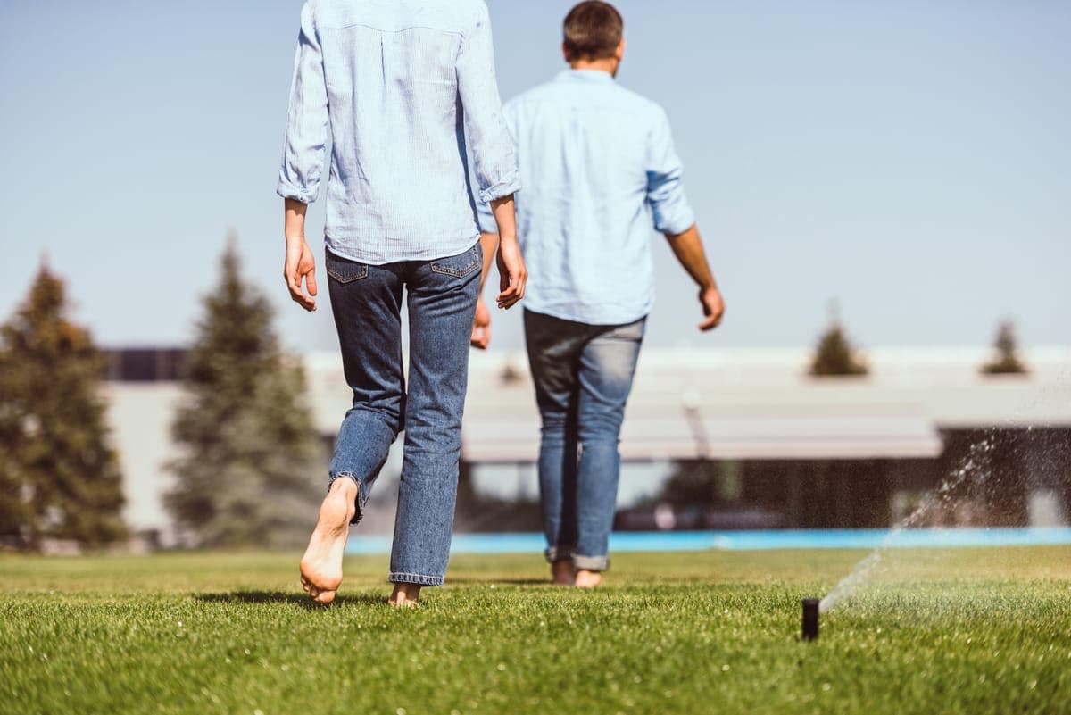 Couple walking on a lush green lawn